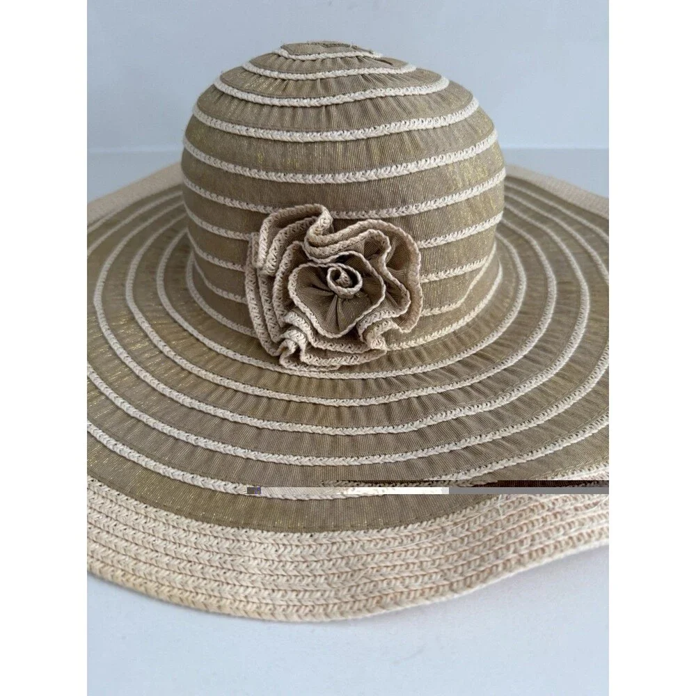 Sun Hat Beach Floppy Hat Foldable Wide Brim Large Beige 3D flower khaki summer